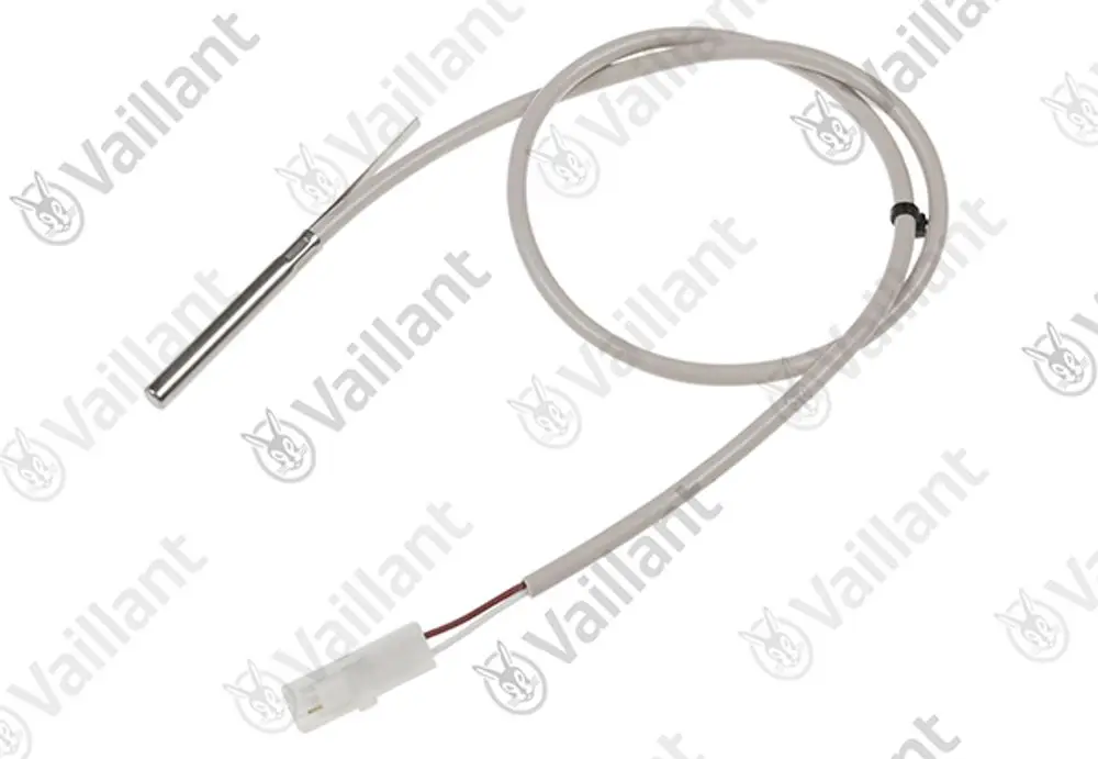 Temperatursensor von Vaillant mit Metallspitze und verbundenen Kabeln. Geeignet zur Temperaturermittlung in Heizungsanlagen.